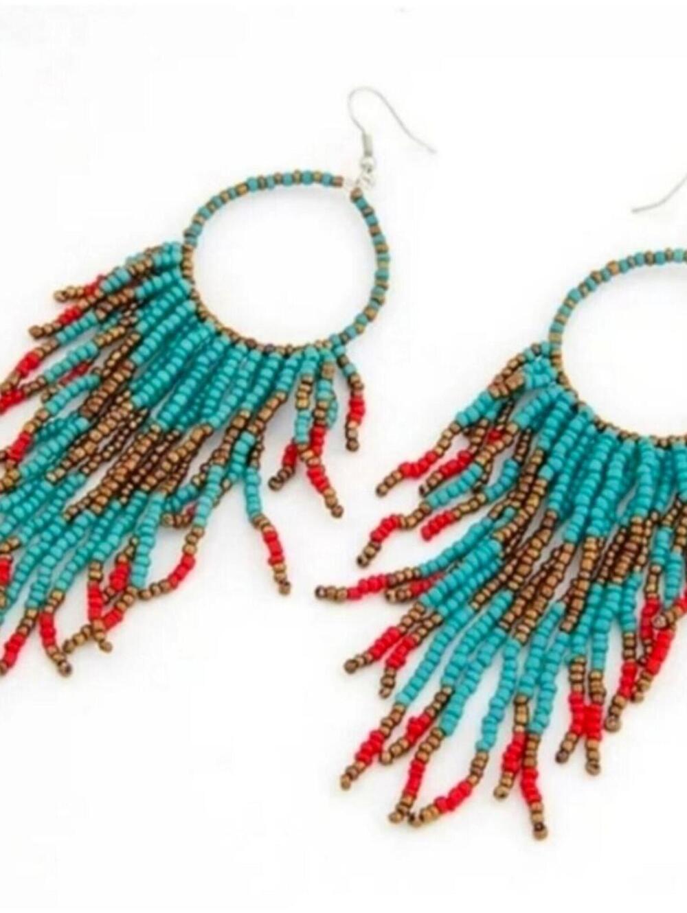 Painted Desert Teal Red Boho Beaded Hoop Fringe Earrings
